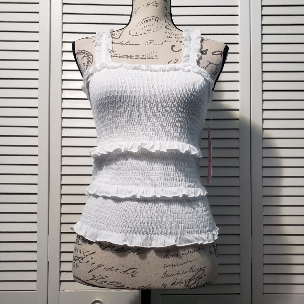 Crave Fame Smocked Tank Top Juniors/Women's Size Small White Stretch‎ Ruffles